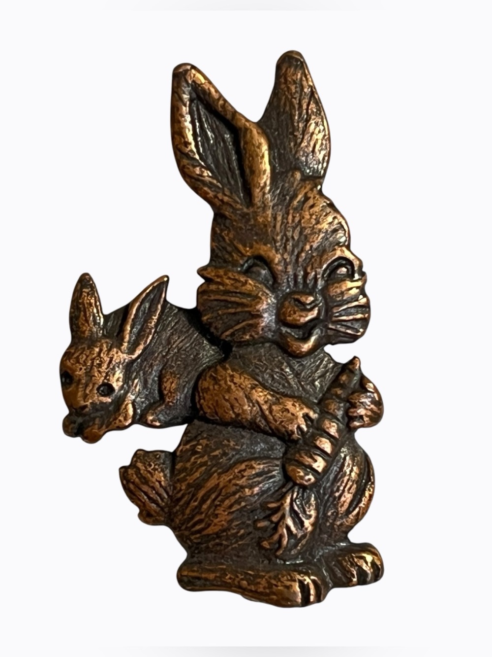 Vintage JJ Lapel Pin Bunny Copper Metal Tie Tack Mom Baby Rabbits Carrot Kitschy